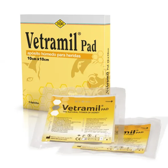 Apósitos Húmedos Vetramil Pads 10×10 cm 5 unidades perros gatos