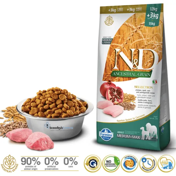 ND Ancestral SELECTION MediumMaxi Pollo Granada perros medianos y grandes 12+3 kg