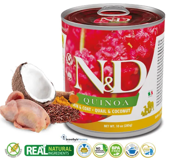 ND dog quinoa lata CODORNIZ skin coat perros 6×285 g