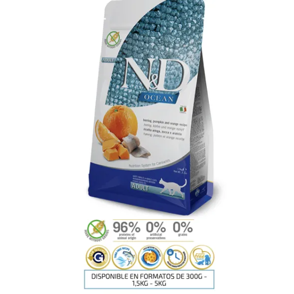 ND Ocean arenque calabaza y naranja gatos adultos