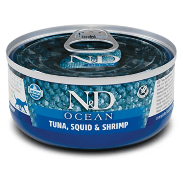 ND Ocean atún calamar gambas latas gatos adultos 24×70 g