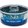 ND Ocean atún sardina gambas latas gatos adultos 24×70 g