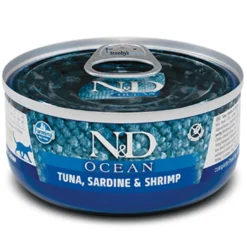 ND Ocean atún sardina gambas latas gatos adultos 24×70 g