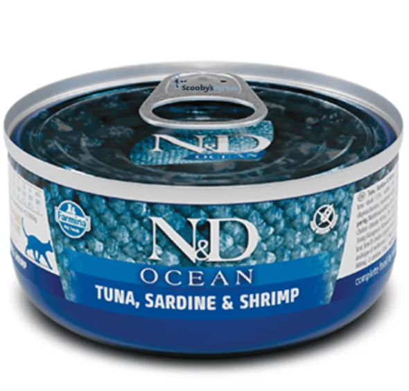 ND Ocean atún sardina gambas latas gatos adultos 24×70 g