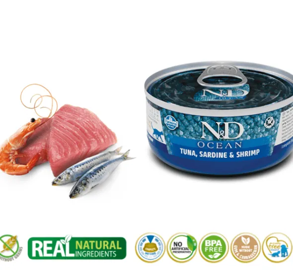 ND Ocean atún sardina gambas latas gatos adultos 24×70 g
