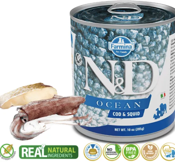 ND Ocean Bacalao Calamar lata 6×285 g perros adultos