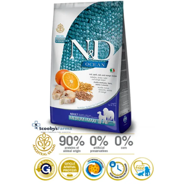 ND Ocean dog bacalao Espelta Avena Naranja perros adultos medium maxi