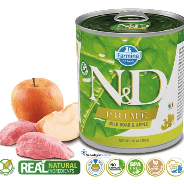 ND Prime dog lata Jabalí Manzana SIN CEREALES perros adultos 6×285 g