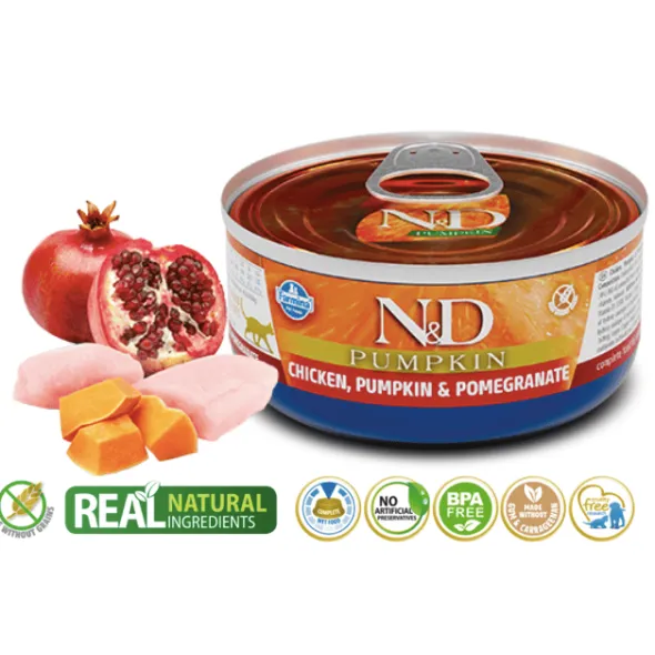 ND Pumpkin Cat lata Pollo Calabaza Granada SIN CEREALES gatos adultos