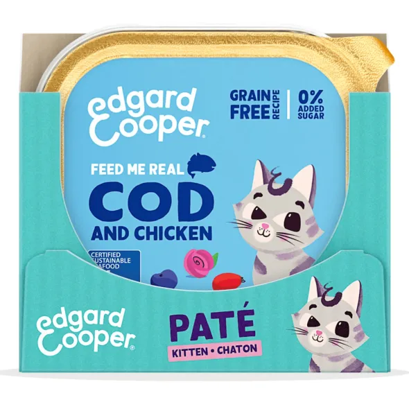Paté Bacalao pollo kitten sin cereales Edgard Cooper 16×85 g