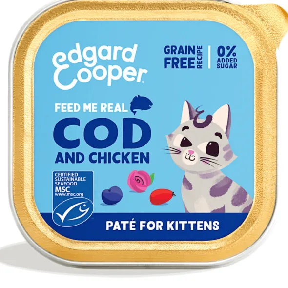 Paté Bacalao pollo kitten sin cereales Edgard Cooper 16×85 g