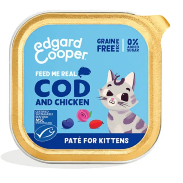 Paté Bacalao pollo kitten sin cereales Edgard Cooper 16×85 g