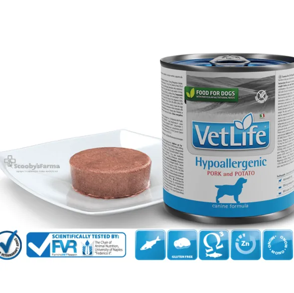 Vet Life Hypoallergenic lata CERDO y patata alergias perros 6×300 g